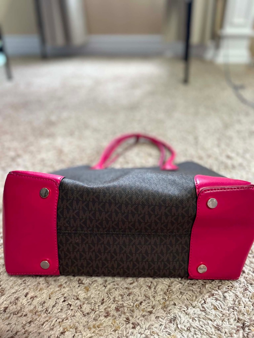 Michael Kors Brown MK Logo Tote with Pink Trim and Handles - Picture 12 of 12